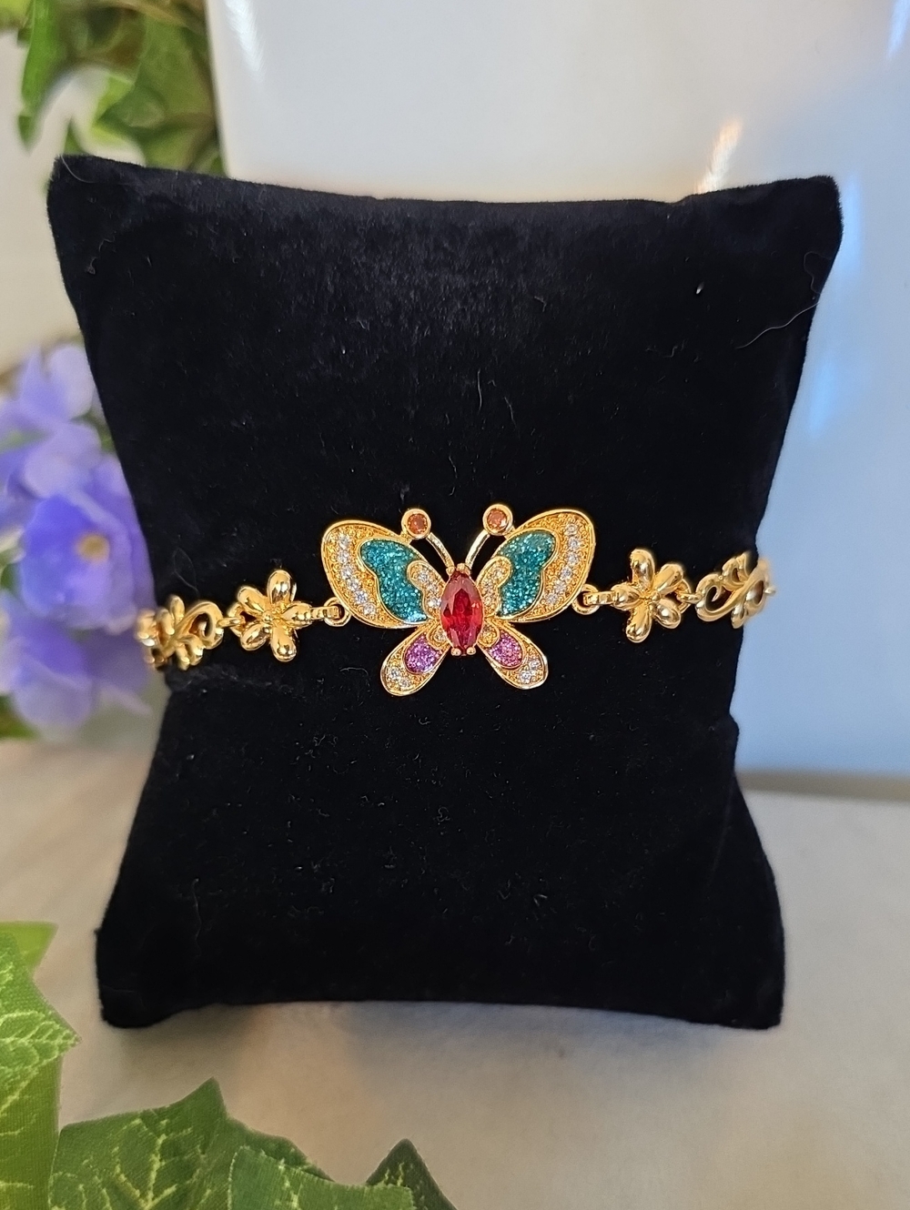 ​Gold Filled Multicolor Butterfly Bracelet CZ Glitter Floral Link